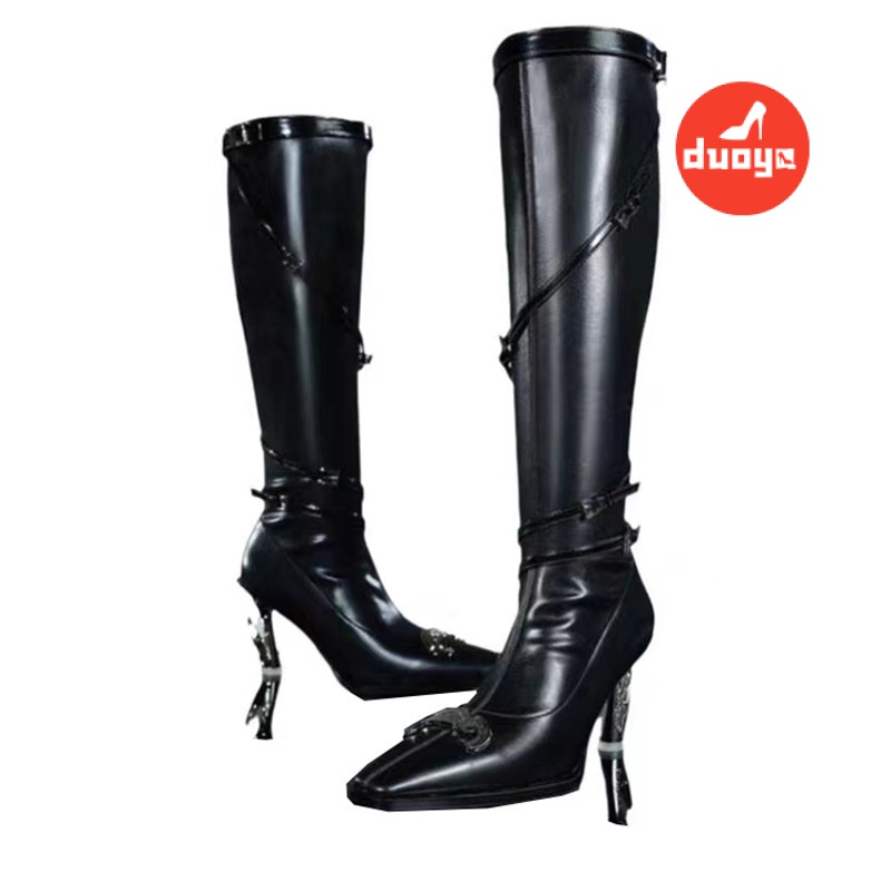 Duooya hair Thẳng ~  Bốt Cao Gót Mũi Nhọn Kim Loại Cao Gót Màu Tối Phong Cách Châu Âu Cho Nữ Miễn Phí Vận Chuyển