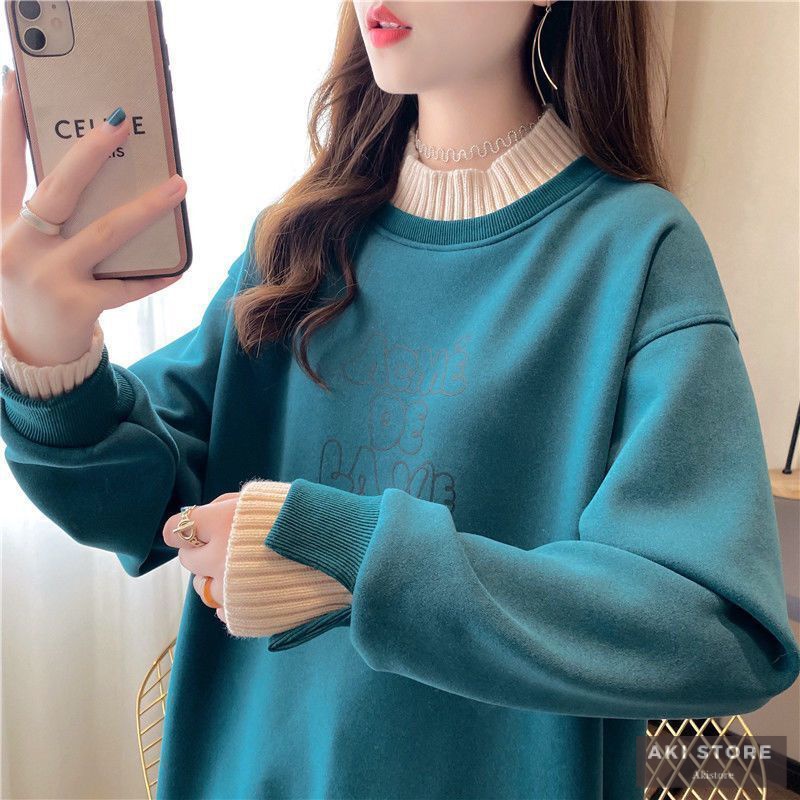 Áo Hoodie Giả Hai Lớp Lót Nhung Dày Dặn Dáng Rộng Thời Trang Thu Đông Mới Cho Nữ