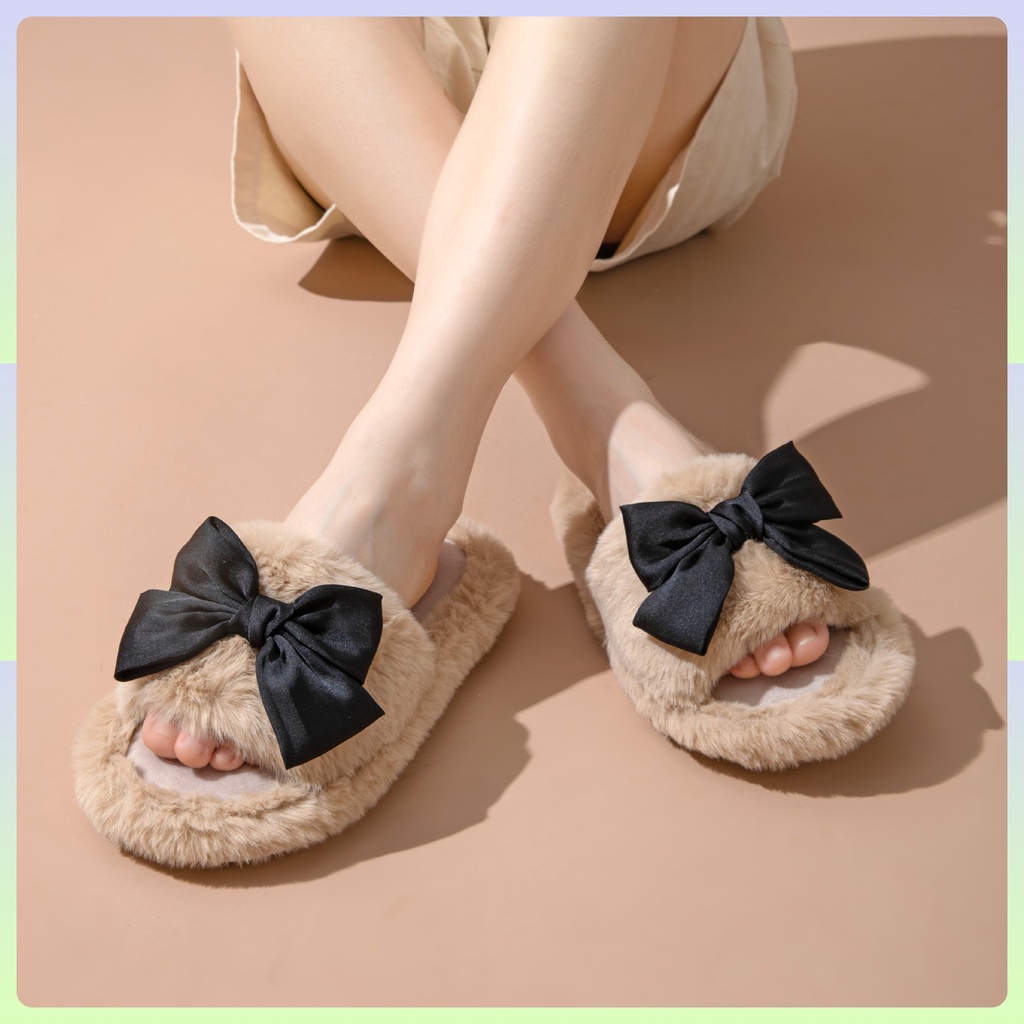 Dép lông mang trong nhà nữ dép lông nơ dép lông xù dép lông đi trong nhà dép lông cừu dép lông đi trong nhà cute