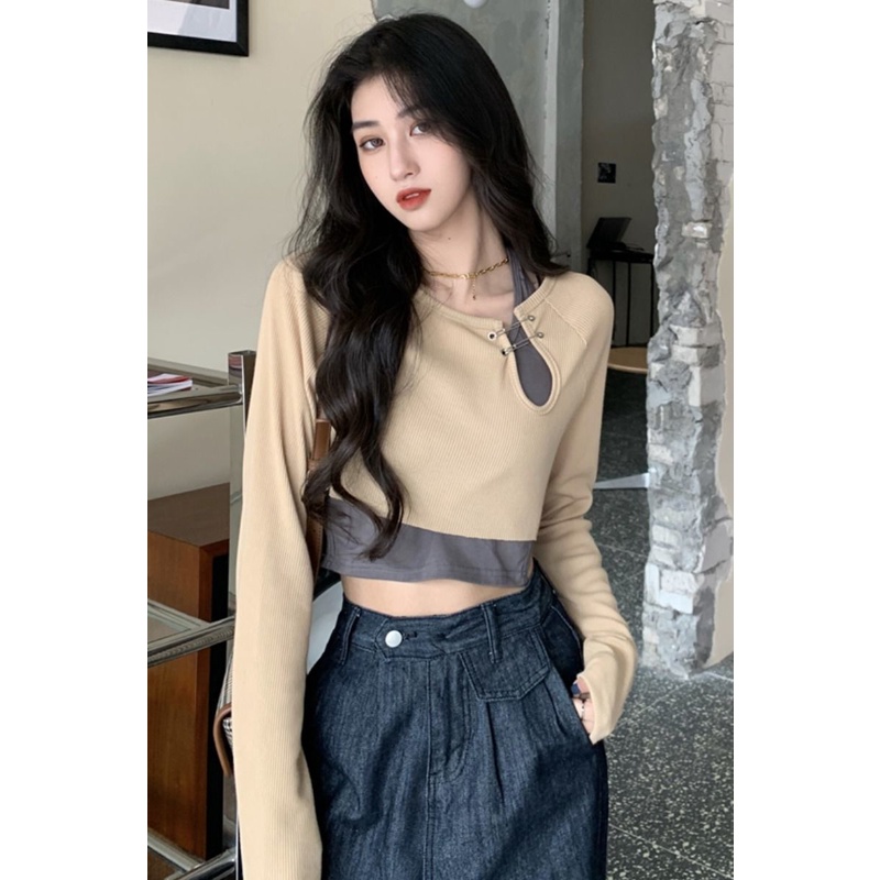 Áo Thun Tay Dài Dáng Ngắn Thời Trang Xuân Thu Cho Nữ