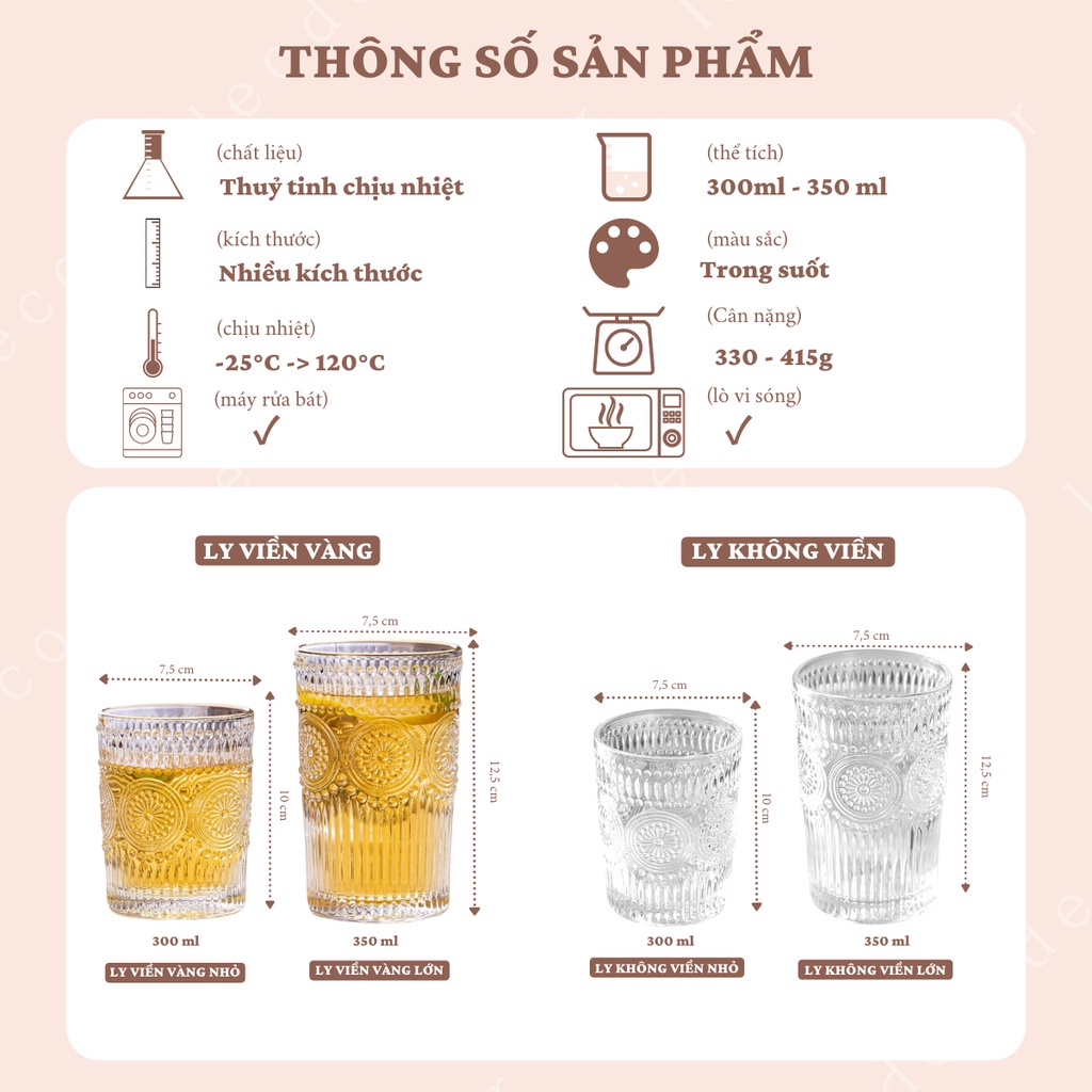 Cốc, ly thủy tinh decor trong suốt viền mạ vàng hình hoa hướng dương - ichi.life