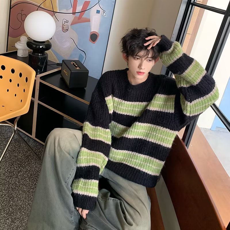 Vunc Áo sweater Dệt Kim Dáng Rộng Cổ Tròn Họa Tiết Kẻ Sọc Màu Tương Phản Thời Trang Đường Phố Đơn Giản Dễ Phối Đồ Cho Nam