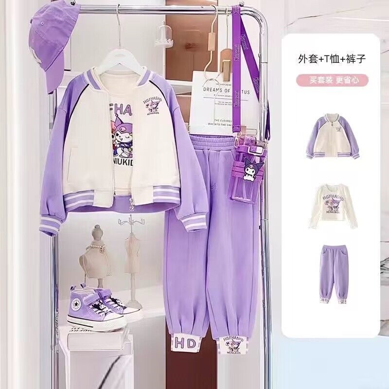 Set Đồ 3 Món Gồm Áo Khoác Tay Dài Và Quần Dài Phong Cách kuromi Thời Trang Hàn Quốc Cho Bé Gái