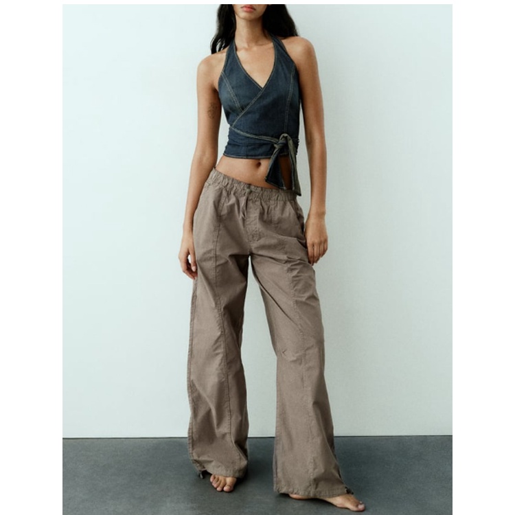 Zara Quần Dài Lưng Thun Dáng Rộng Có Khóa Gài Phong Cách Mùa Thu 235520207