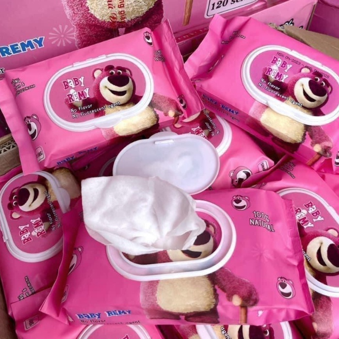 1 GÓI Khăn Ướt Gấu Dâu Gấu Hồng LOTSO Dạng Rút 80 Tờ/Gói