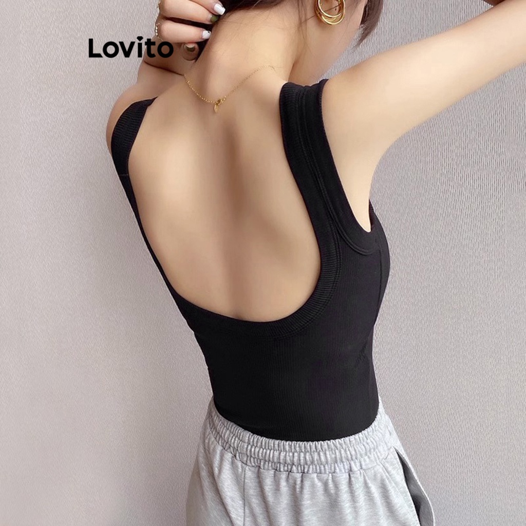 Áo sát nách Lovito cơ bản hở lưng màu trơn thường ngày cho nữ LNE20121 (Màu đen)