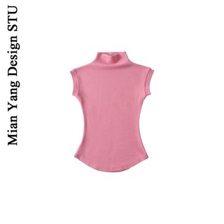 Mỹ Màu Trơn Co Giãn Viền Cong Áo Thun Nữ ins Pure Desire Siêu Ngắn Tay Nửa Cổ Cao An