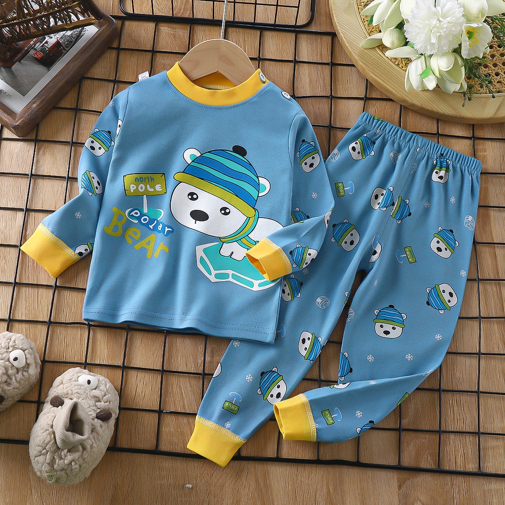 Hoạt Hình Bộ Đồ Ngủ 2 Món Vải cotton Tay Dài In Hình Gấu teddy Dễ Thương Cho Bé