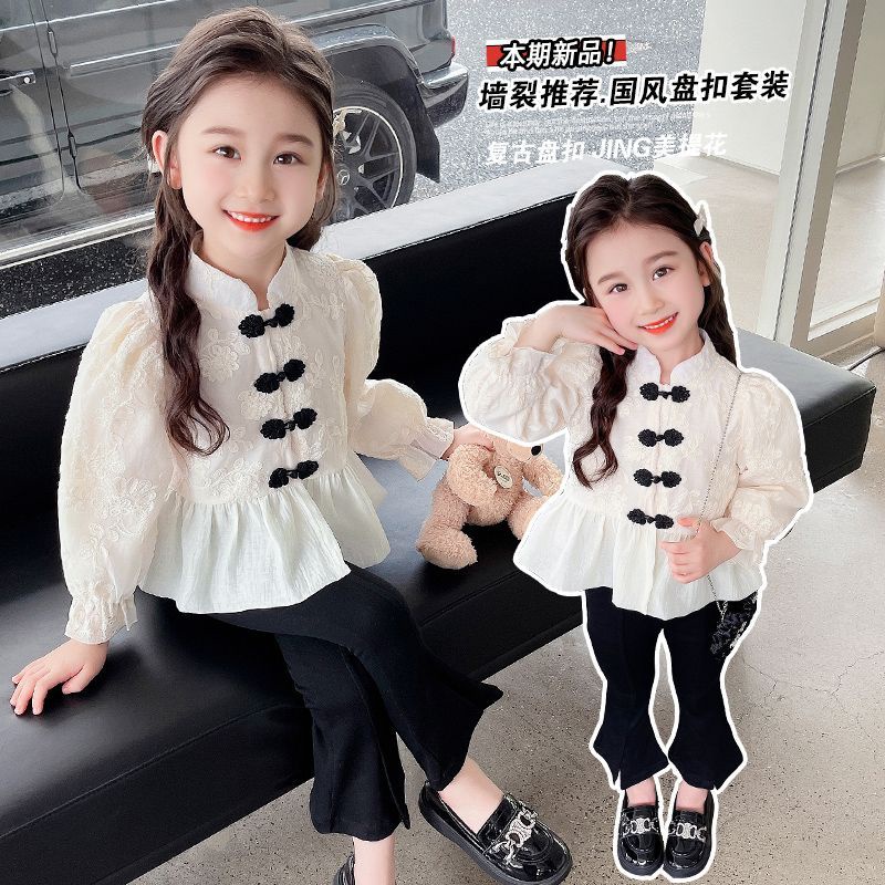 Set Áo Quần Ống Loe Thêu Họa Tiết Phong Cách Trung Hoa Mới Cho Bé Gái