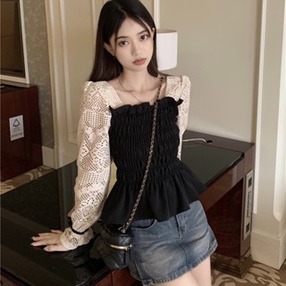 Bh Áo Kiểu Tay Dài Cổ Vuông Dáng Ôm Phối Ren Rỗng Kiểu Pháp Xinh Xắn Cho Bạn Gái