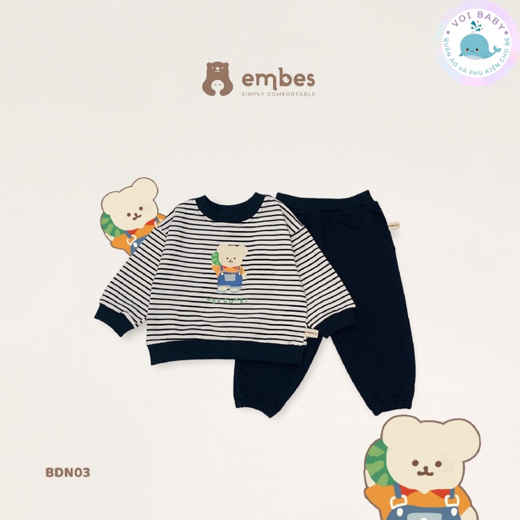 Bộ dài tay nỉ da cá in gấu cho bé trai bé gái Embes