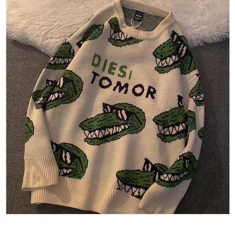 Áo sweater Dáng Rộng In Hoạt Hình Phối Màu Tương Phản Kiểu retro Mỹ Cá Tính Cho Nam