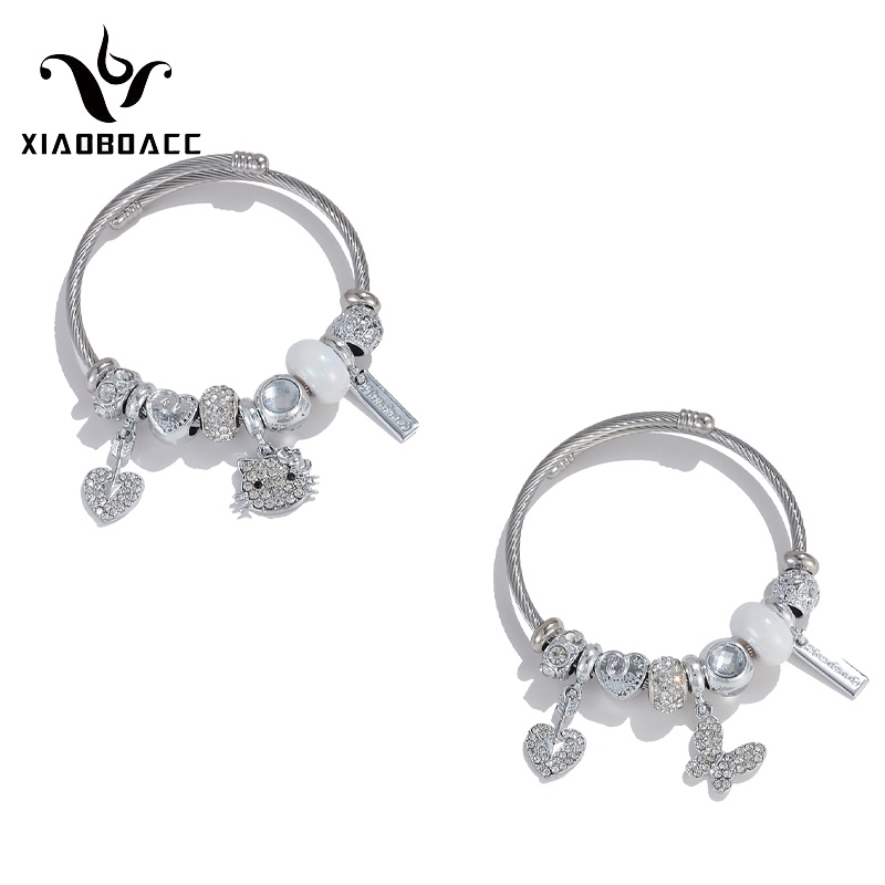 Xiaoboacc Vòng Tay Chuỗi Hạt Bằng Thép Không Gỉ Hình Mèo May Mắn Đính Kim Cương Sang Trọng Cho Nữ