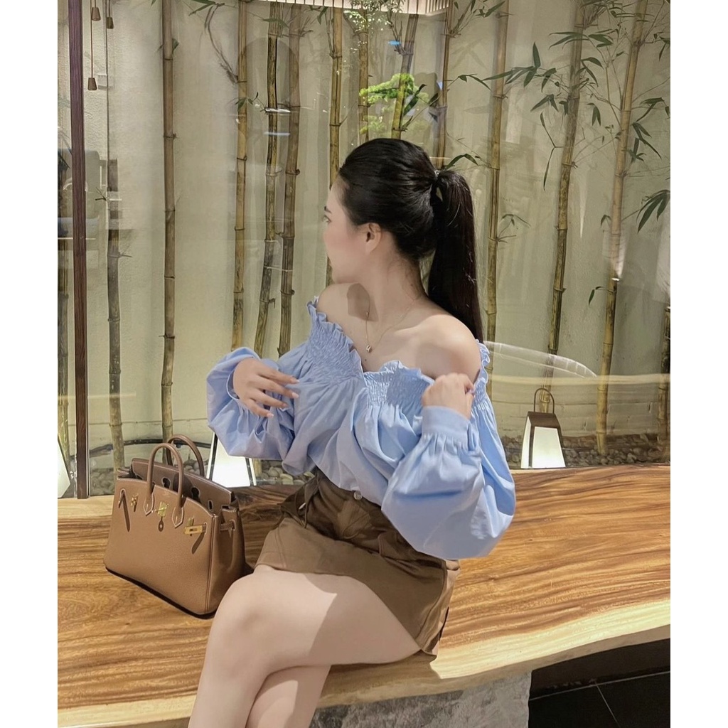 SET ÁO XANH TRỄ VAI BOTHUN TAY PHỒNG +CHÂN VÁY KAKI NÂU