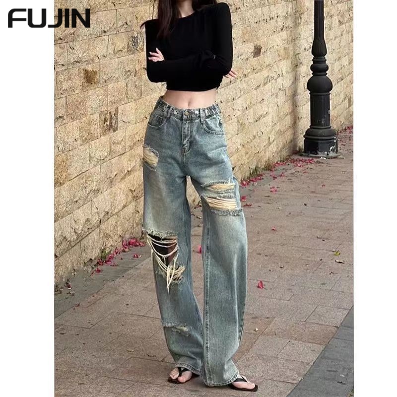 FUJIN quần ống rộng quần nữ jean Korean Minimalist Vintage phổ biến WNK23B0GNK 45Z231109