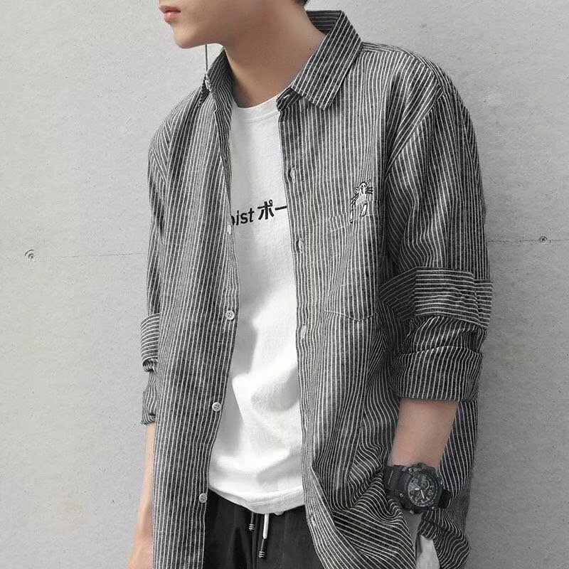 Áo Sơ Mi Tay Dài Kẻ Sọc Thêu Hình Mèo Thời Trang Cho Nam