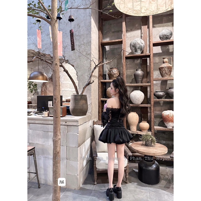 Set áo pha ren trễ vai chân váy