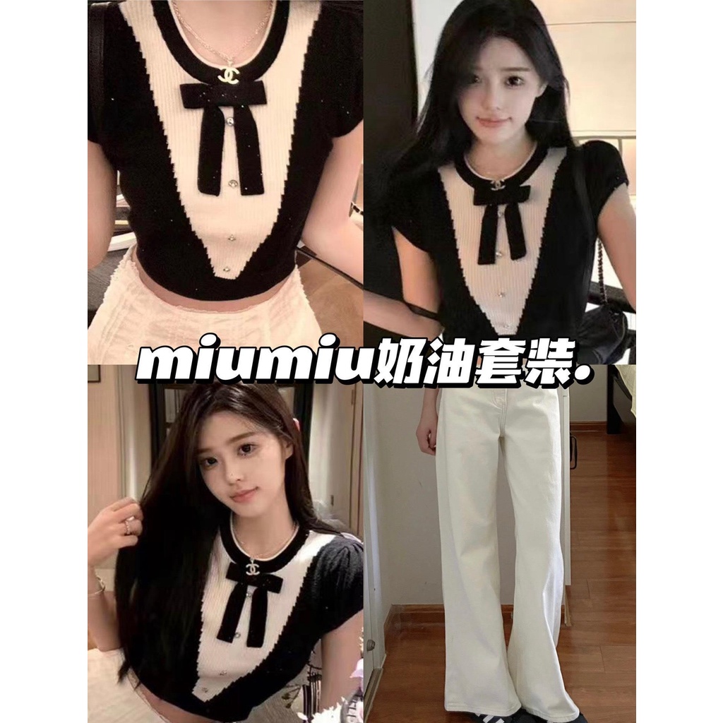 MiuMiu 23 spring and summer new bow decorative color matching top letter embroidery logo Denim straight pants for women slimming