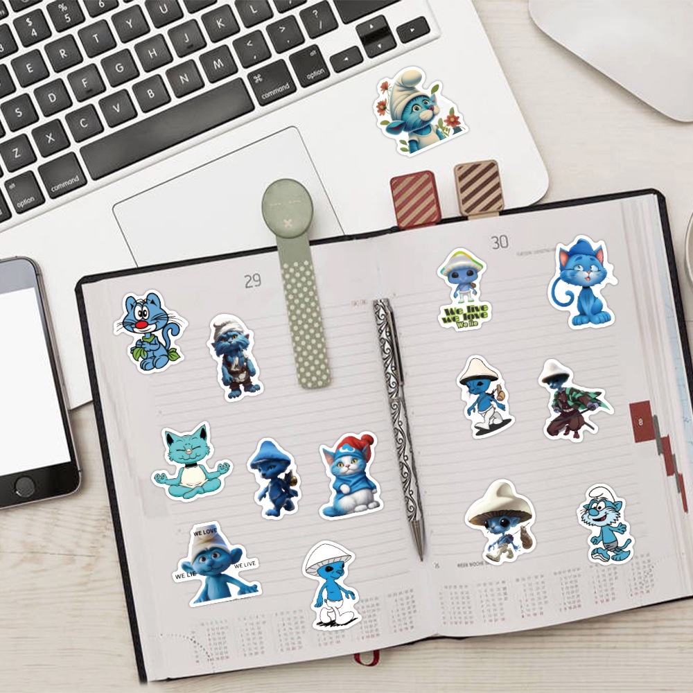 J· Hình Dán Chống Nước Smurf Cat Phim Hoạt Hình Mũ Bảo Hiểm Máy Tính Xách Tay Hành Lý Dán Thiết Lập, 64 tờ