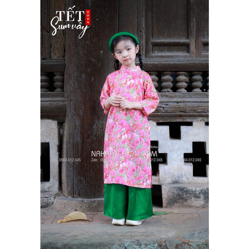 [Có sẵn] [Ảnh thật]  Set Áo Dài Hoa Erica ( Áo hoa hồng + Quần Xanh Lá )