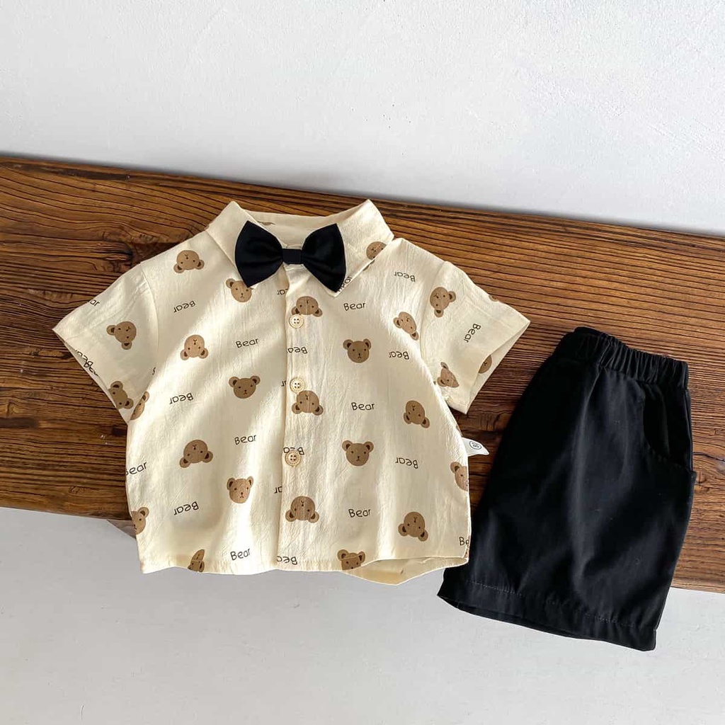 Set Đồ Mùa Hè 2 Món Gồm Áo Sơ Mi Thắt Nơ + Quần Ngắn cotton Đen In Hình Gấu Cho Bé 1-5 Tuổi