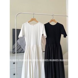 RUBIES Maya Dress - Đầm Dài Nữ Vải Thun Phối Kate Dáng Ôm Tùng Xòe Tay Ngắn Cổ Tròn