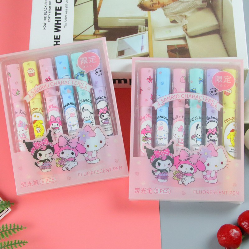⚡VẬN CHUYỂN NHANH⚡⚡ 6 Cái/hộp Bộ Bút Đánh Dấu Sanrio Hello Kitty Kuromi Anime Bút Đánh Dấu Bút Huỳnh Quang Pompompurin Dễ Thương Văn Phòng   Học Sinh Sáng Tạo