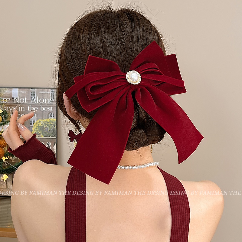 Thời Trang Kẹp Tóc Nơ Nhung Đỏ Phong Cách Hàn Quốc Đơn Giản Cho Nữ