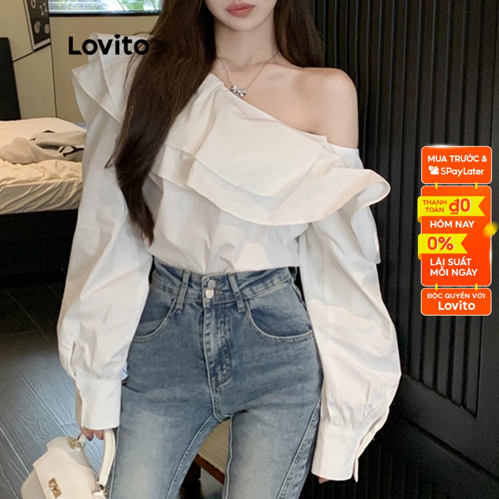 Áo nữ Lovito phối nút xếp nếp bất đối xứng kiểu dáng đơn giản LNA11141 (màu trắng)
