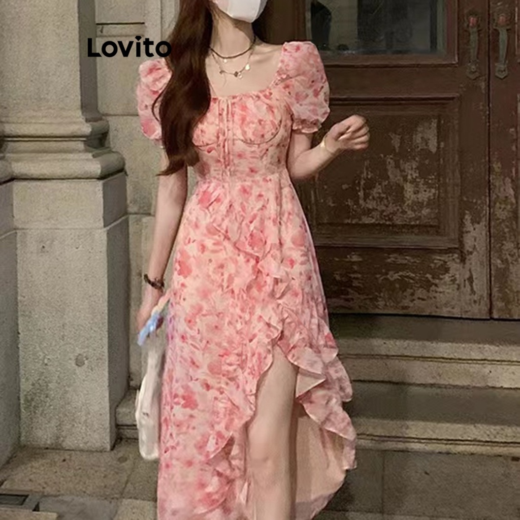 Đầm Lovito tay phồng cổ vuông xếp nếp họa tiết hoa nhí boho cho nữ LNE17146 (nhiều màu sắc)