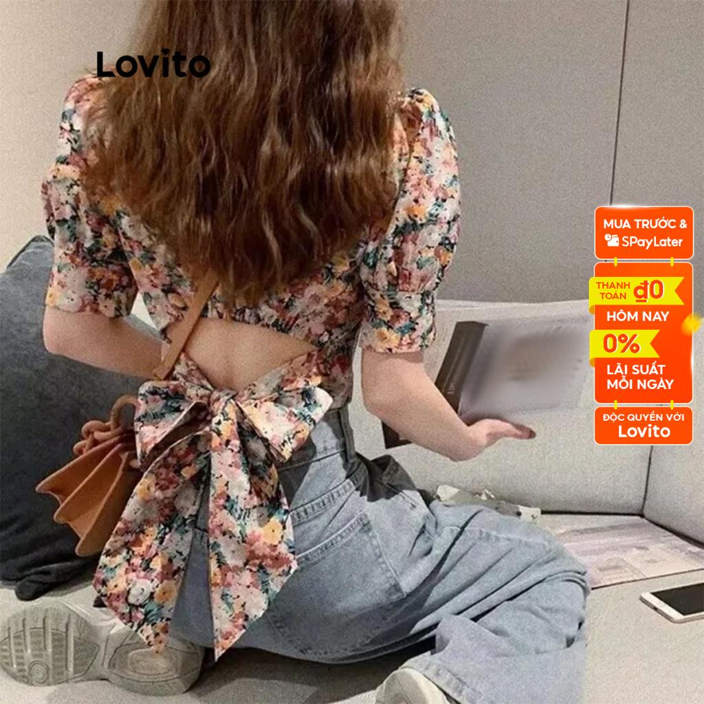 Áo Lovito kiểu tay ngắn cổ tròn thắt nơ lưng họa tiết hoa thường ngày cho nữ LNE05176 (màu hồng)