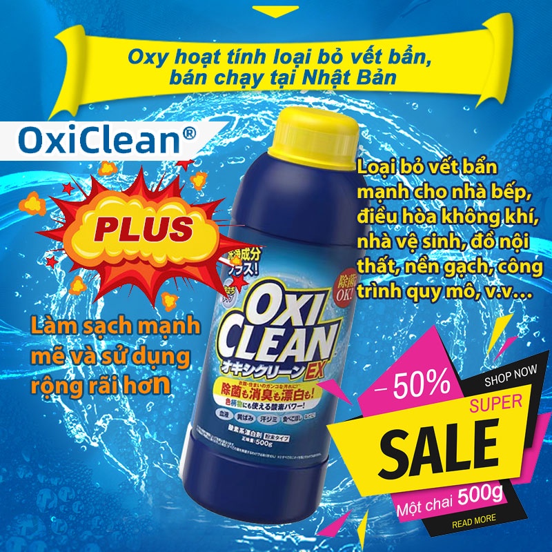Bột tẩy vết bẩn đa năng Oxi Clean EX - Tẩy vết bẩn, nấm mốc, ố vàng Khử khuẩn an toàn - chai 500gram