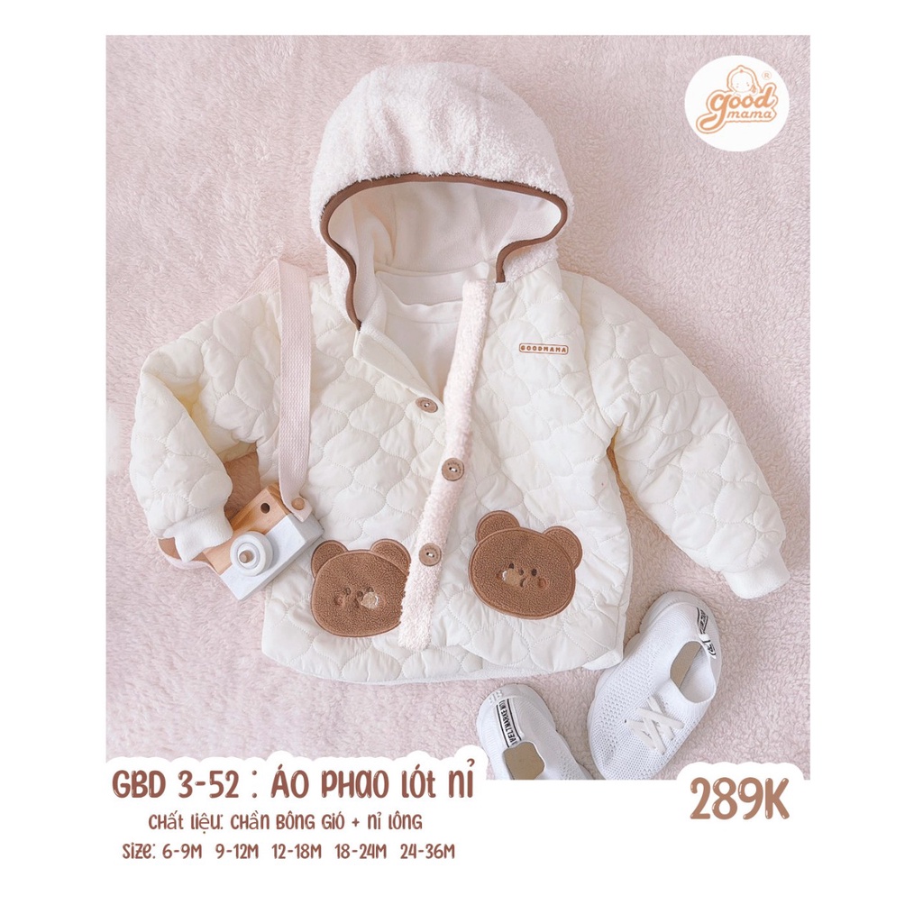 Áo khoác phao nỉ lót lông Goodmama mềm mịn ấm áp cho bé từ 6 tháng đến 3 tuổi
