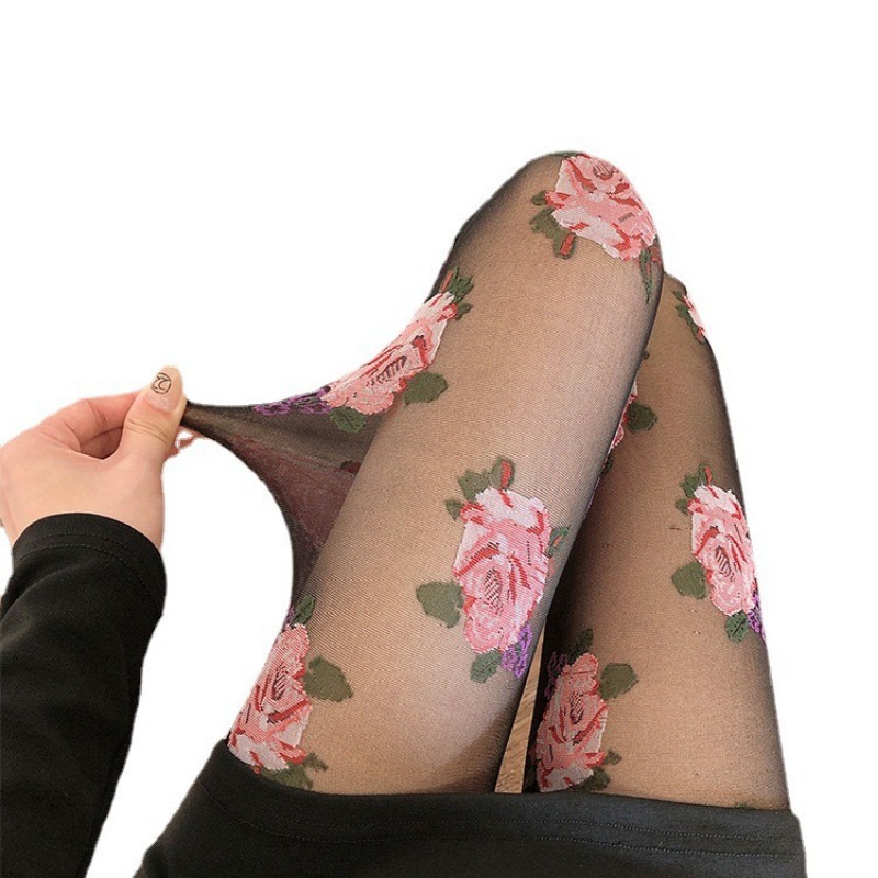 New Style Silk Stockings, Retro Floral Jumpsuit, Black Silk Nightclub Dancing, Women's Floral Silk Stockings with Anti Hook and Anti Silk Punching