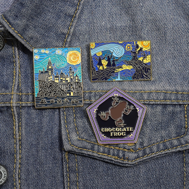 Huy Hiệu Cài Áo Hình Tranh Sơn Dầu Lâu Đài / Mèo / Ếch Bằng Hợp Kim Phong Cảnh Đêm Đầy Sao Sáng Tạo