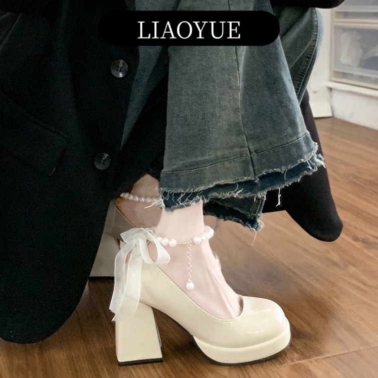 Liaoyue Giày Búp Bê Nữ 2024 New Thời Trang 9Cm Thô Và Dày Đáy Ngọc Trai Dây Đeo Nơ Thiết Kế B20G05X 23120802