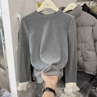 Áo Thun Tay Dài Cổ Tròn Phối Nhung Ấm Áp Màu Sắc Tương Phản Thời Trang Mùa Đông 2023 Phong Cách Đức Cho Nữ