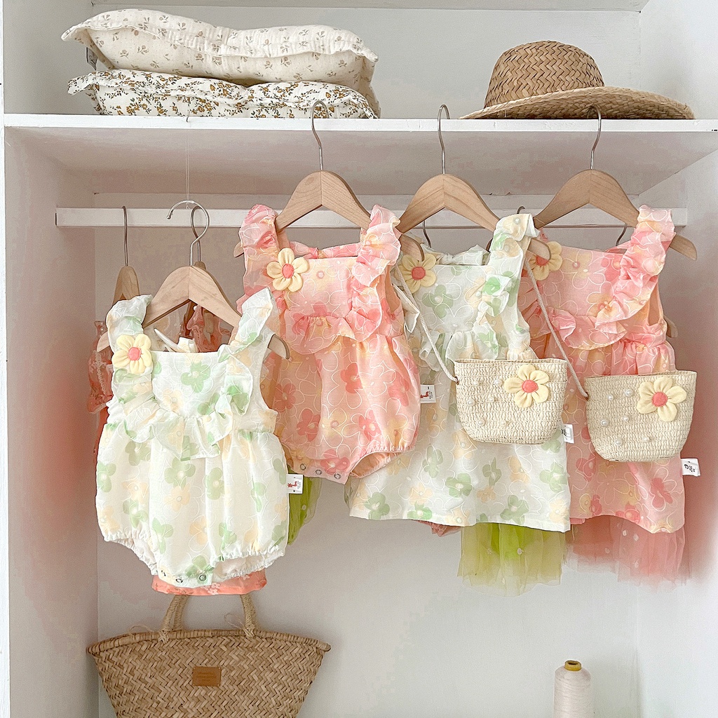 [Same Day Delivery] 23 Summer New Baby Girl 0-3 Years Old Flower Ruffled Sisters Outfit Sister Onesie Sister Dress Dxdn