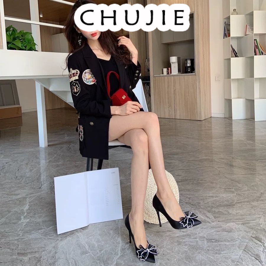 CHUJIE  giày nữ cao gót Giày Cao Gót Mũi Nhọn Quai Nơ Đính Đá Thời trang Phong cách fashion Độc đáo B25G053 36Z230909