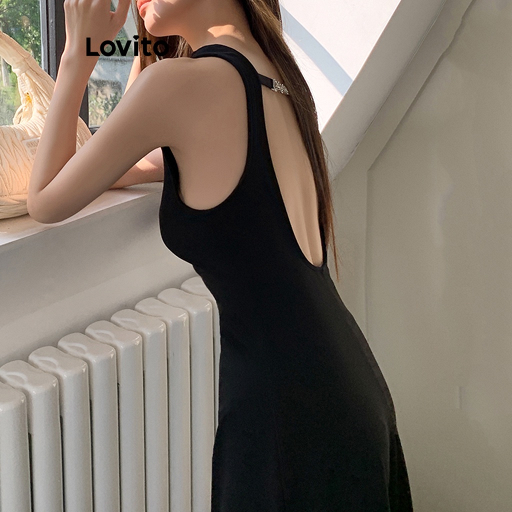 Đầm Lovito hở lưng màu trơn thường ngày cho nữ LNA21062