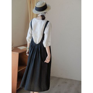 Plus Đầm Yếm Vải Lanh cotton Phong Cách Nhật Bản Cho Nữ 80kg unm6