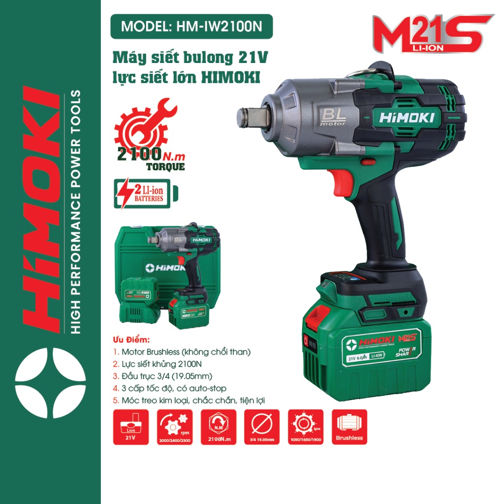 Máy Siết Bulong HIMOKI IW2100N Siêu Khỏe, Đầu 3/4 Lực Siết 2100n.m Mở Vặn Ốc Xe Tải, Ô Tô [tặng móc khóa]