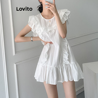 Đầm Lovito màu trơn viền nhún bèo thêu lỗ viền mắt vải phong cách thường ngày cho nữ L83ED107