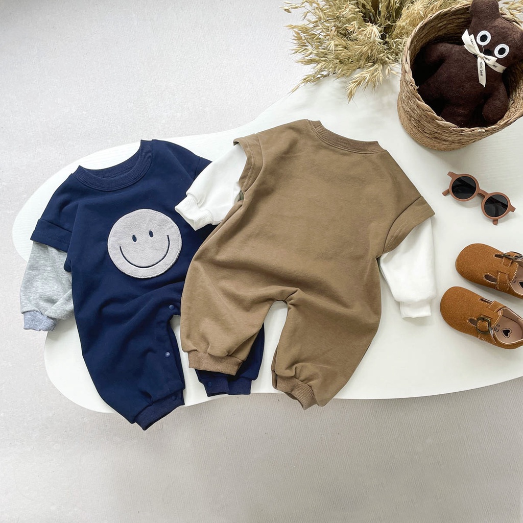 Áo Liền Quần Tay Dài In Hình Mặt Cười Dễ Thương Giữ Ấm Mùa Thu Cho Bé Trai / Gái 0-24 Tháng Tuổi