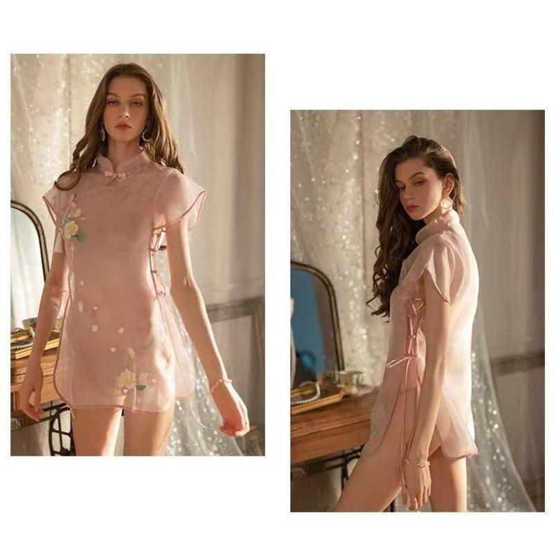 Preppy Đầm Ngủ Sườn Xám Lụa Đen Xuyên Thấu Thêu Ren Gợi Cảm Phong Cách Trung Hoa