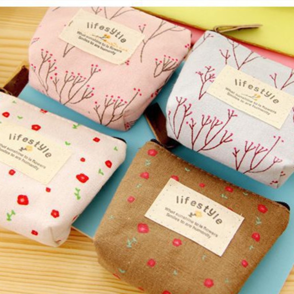 Túi Vải canvas mini Họa Tiết Hoa Đựng Chìa Khóa