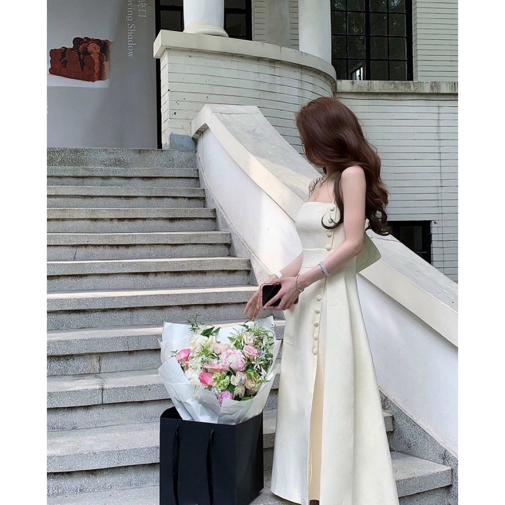 Đầm midi 2 dây xẻ tà nút bọc màu siêu ngọt ngào