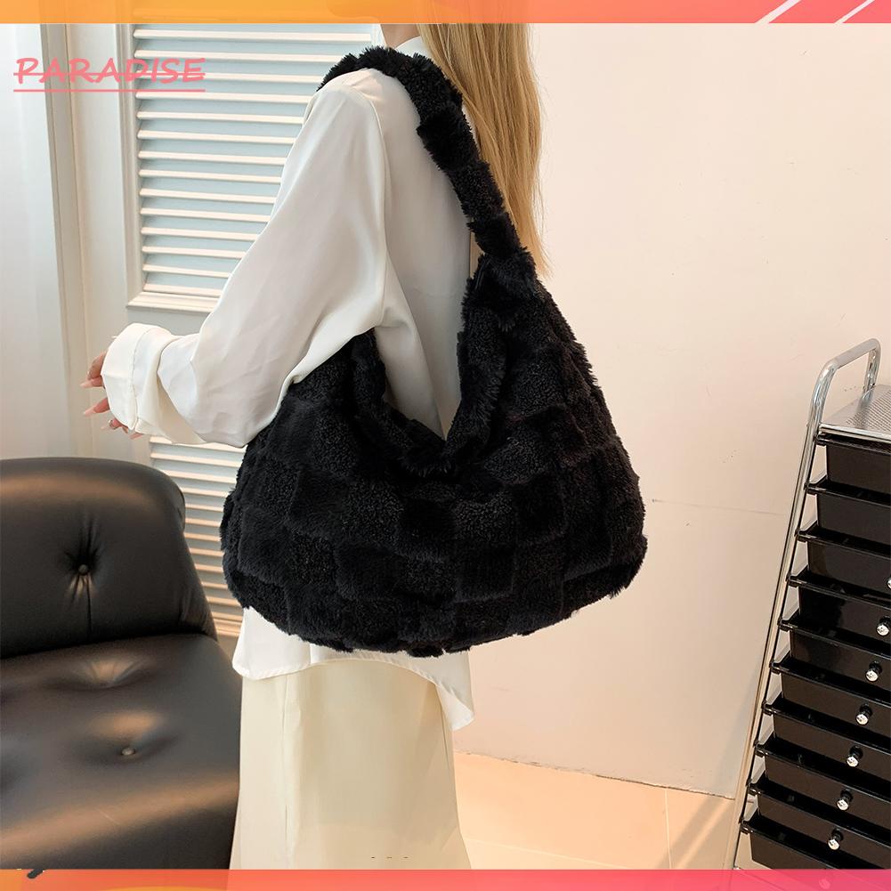 Túi Đeo Chéo Phủ Lông Mềm Mại Họa Tiết Caro Thời Trang Thu Đông Cho Nữ