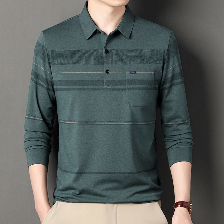 Áo Thun polo Tay Dài Dáng Rộng Màu Trơn In Họa Tiết Kẻ Sọc Đơn Giản Có Túi Thời Trang Cho Nam