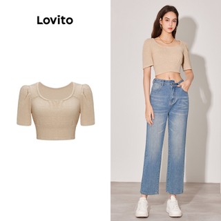 Áo thun Lovito màu trơn cổ vuông xếp nếp phong cách preppy cho nữ L59ED045 (Màu mơ)